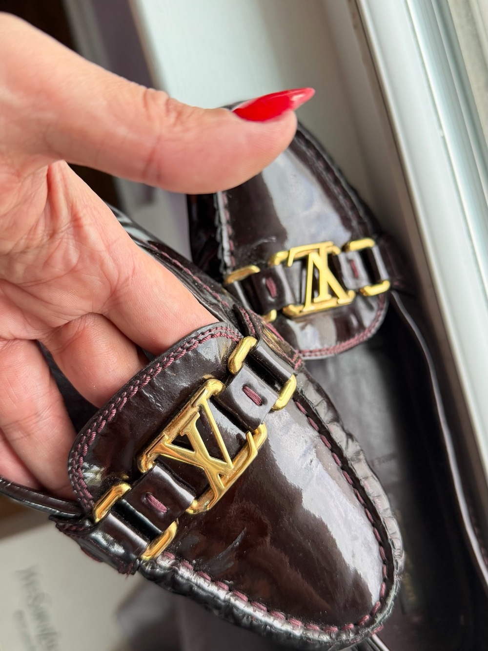 Louis Vuitton Dark Burgundy Patent Leather Loafers with Gold LV Hardware